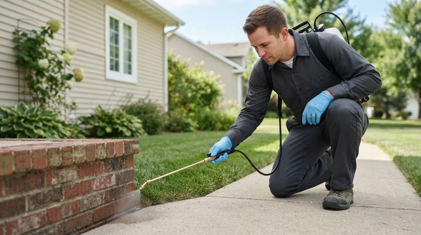 Pest control technician treating a home near Lansing, IA