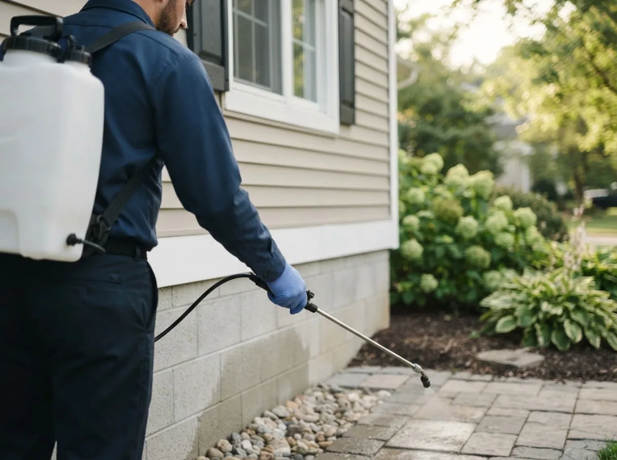 Pest control technician inspecting a home in Lansing, IA